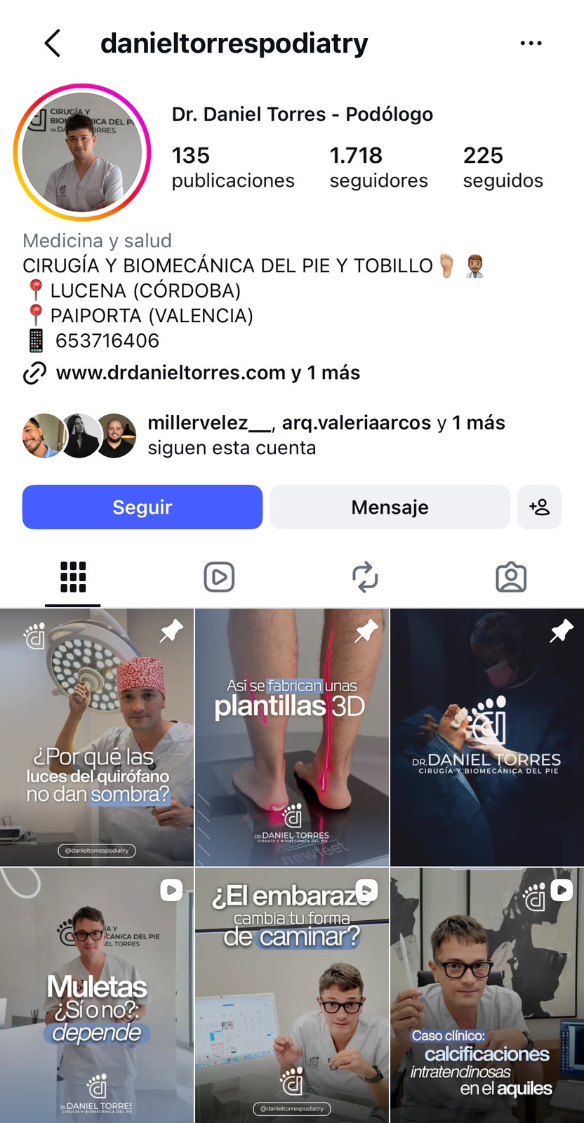 Perfil de Instagram del Dr. Daniel Torres